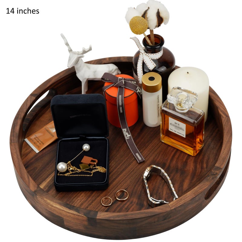 MAGIGO Set of 2 Large Round Black Walnut Wood Ottoman Tray with Handles, Serve Tea, Coffee, Classic Wooden Circular Decorative Serving Tray, 14 &12 inches - Image 4